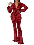 Women's Autumn and Winter V-neck Puff Sleeve Slim Waist Printed Wide Leg Plus Size African Jumpsuit