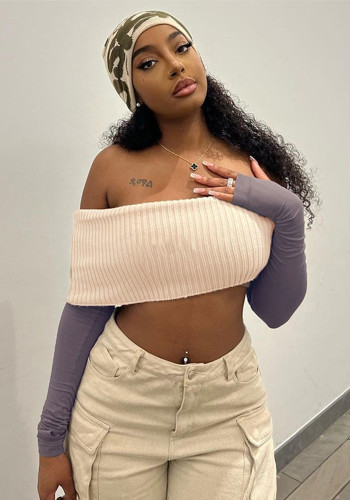 Women's Autumn Contrast Color Off Shoulder Long Sleeve Crop Top Two Piece Set