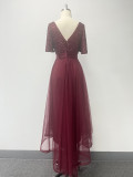 Elastic waist Mesh Patchwork elegant v-neck ruffled short-sleeved evening dress