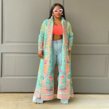 Pleated Printed Plus Size Long Jacket for Women