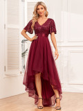 Elastic waist Mesh Patchwork elegant v-neck ruffled short-sleeved evening dress