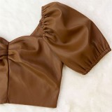 Women's Low Back Versatile Slim Fit Sexy Crop Short Sleeve  Leather Top