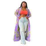 Pleated Printed Plus Size Long Jacket for Women