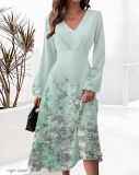 Autumn and winter fashion Chic elegant printed v-neck long-sleeved dress