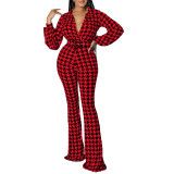 Women's Autumn and Winter V-neck Puff Sleeve Slim Waist Printed Wide Leg Plus Size African Jumpsuit