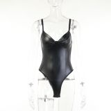 Autumn and winter sexy straps Slim Waist Slim Fit Pu Patchwork women's bodysuit