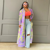 Pleated Printed Plus Size Long Jacket for Women