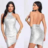 Fashion Women's Solid Color Sleeveless Low Back Halter Neck club Dress