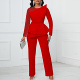 Long Sleeve Chic Mesh Patchwork Beading Slim Fit Formal Party Plus Size Jumpsuit