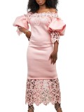 Women's Clothing Off Shoulder Lace Patchwork Puff Sleeve Formal Party Evening Dress
