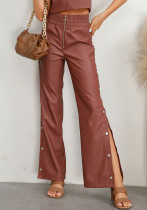 Solid color high-waisted straight trousers Chic autumn and winter leather pants