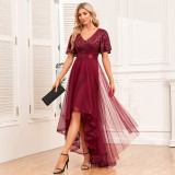 Elastic waist Mesh Patchwork elegant v-neck ruffled short-sleeved evening dress