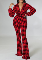 Women's Autumn and Winter V-neck Puff Sleeve Slim Waist Printed Wide Leg Plus Size African Jumpsuit