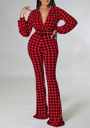 Women's Autumn and Winter V-neck Puff Sleeve Slim Waist Printed Wide Leg Plus Size African Jumpsuit