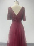 Elastic waist Mesh Patchwork elegant v-neck ruffled short-sleeved evening dress