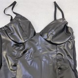 Autumn and winter sexy straps Slim Waist Slim Fit Pu Patchwork women's bodysuit