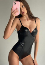 Autumn and winter sexy straps Slim Waist Slim Fit Pu Patchwork women's bodysuit Autumn and winter sexy straps Slim Waist Slim Fit Pu Patchwork women's bodysuit