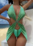 Stripe Gradient Heart Print Mesh Skirt Bikini Three-Piece Swimsuit