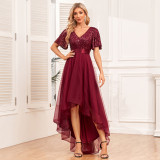 Elastic waist Mesh Patchwork elegant v-neck ruffled short-sleeved evening dress