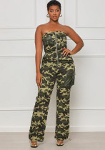 Women Sexy Off-the-Shoulder Zipper Camo Jumpsuit