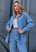 Women Fall Button Long Sleeve Shirt and Pant Two-piece Set