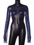 Women Sexy Hollow High Waist Bright Diamond Long Sleeve Fishnet Top