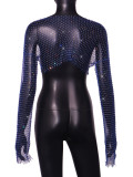 Women Sexy Hollow High Waist Bright Diamond Long Sleeve Fishnet Top