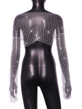Women Sexy Hollow High Waist Bright Diamond Long Sleeve Fishnet Top