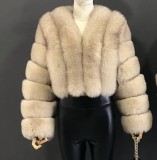 Women Winter Warm Patchwork Crop Long Sleeve Faux Fur Jacket