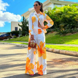 Women printed shirt and wide-leg pants Casual two-piece set