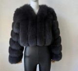 Women Winter Warm Patchwork Crop Long Sleeve Faux Fur Jacket
