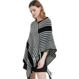Women winter bat sleeve black striped knitting shawl sweater