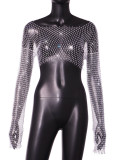 Women Sexy Hollow High Waist Bright Diamond Long Sleeve Fishnet Top