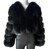 Women Winter Warm Patchwork Crop Long Sleeve Faux Fur Jacket