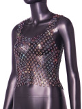 Women Sexy Hollow Plum Mesh Rhinestone Vest