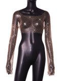Women Sexy Hollow High Waist Bright Diamond Long Sleeve Fishnet Top