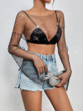 Women Sexy Hollow High Waist Bright Diamond Long Sleeve Fishnet Top