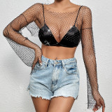 Women Sexy Hollow High Waist Bright Diamond Long Sleeve Fishnet Top