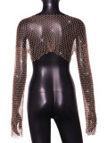Women Sexy Hollow High Waist Bright Diamond Long Sleeve Fishnet Top