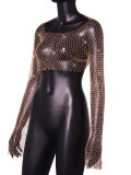Women Sexy Hollow High Waist Bright Diamond Long Sleeve Fishnet Top