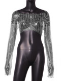 Women Sexy Hollow High Waist Bright Diamond Long Sleeve Fishnet Top