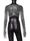 Women Sexy Hollow High Waist Bright Diamond Long Sleeve Fishnet Top
