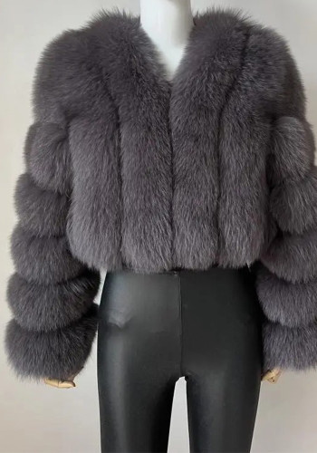 Women Winter Warm Patchwork Crop Long Sleeve Faux Fur Jacket