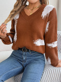 Fall and Winter Women Casual Contrast Color Striped Balloon Sleeve Basic Sweater