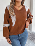 Fall and Winter Women Casual Contrast Color Striped Balloon Sleeve Basic Sweater