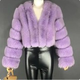Women Winter Warm Patchwork Crop Long Sleeve Faux Fur Jacket