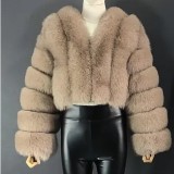 Women Winter Warm Patchwork Crop Long Sleeve Faux Fur Jacket