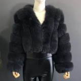 Women Winter Warm Patchwork Crop Long Sleeve Faux Fur Jacket