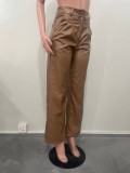 Women Casual pu-Leather Pocket Loose Wide Leg Pants