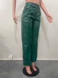 Women Casual pu-Leather Pocket Loose Wide Leg Pants